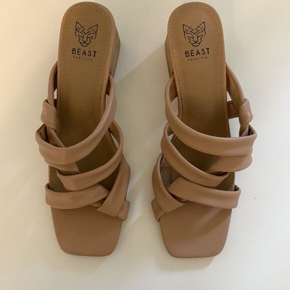 Womens Slip on Slides 11 Tan Strappy Mid Chuncky Stack Heel Sq Toe Beast Fashion - Picture 2 of 7